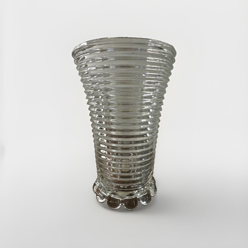 ANCHOR HOCKING Manhattan Vase Art Deco Clear Glass Ribbed Bubble Foot 8” Vintage